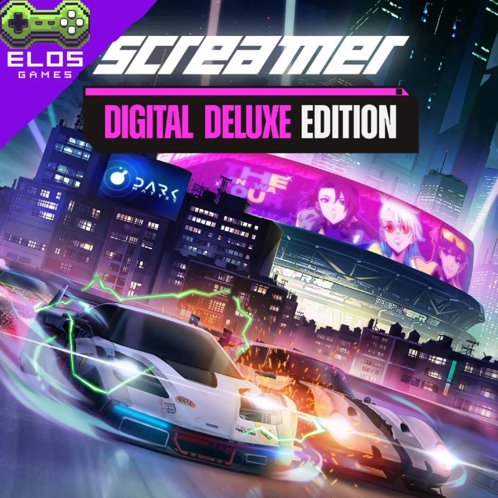 Carros futuristas correndo em cidade neon noturna