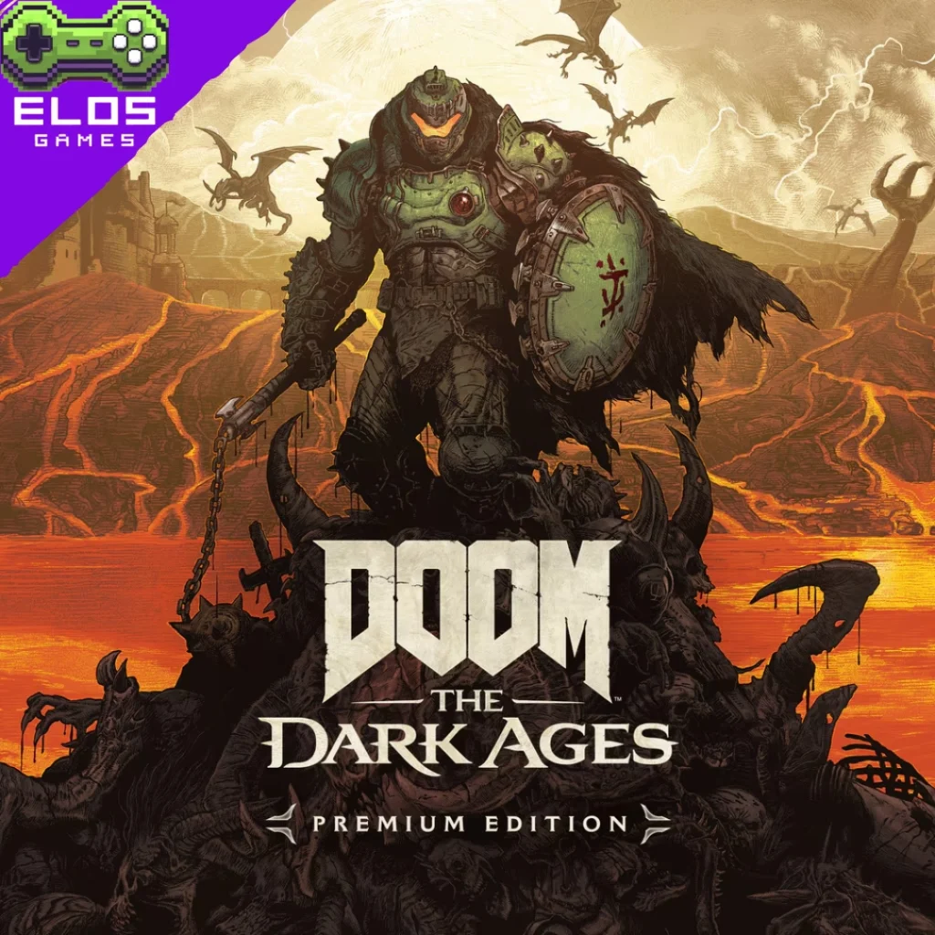 Guerreiro medieval em cenário infernal de DOOM