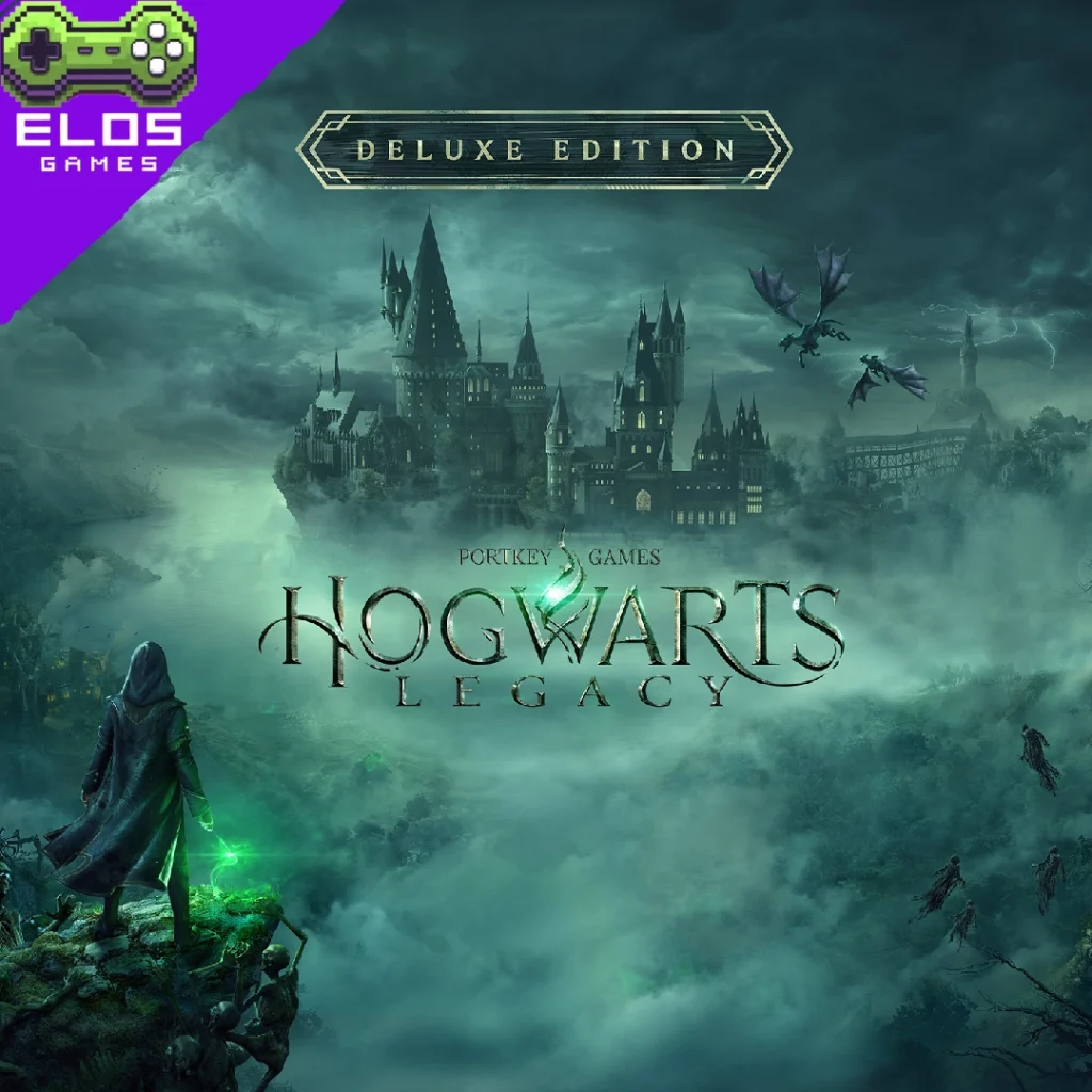 Castelo de Hogwarts envolto em névoa com dragões