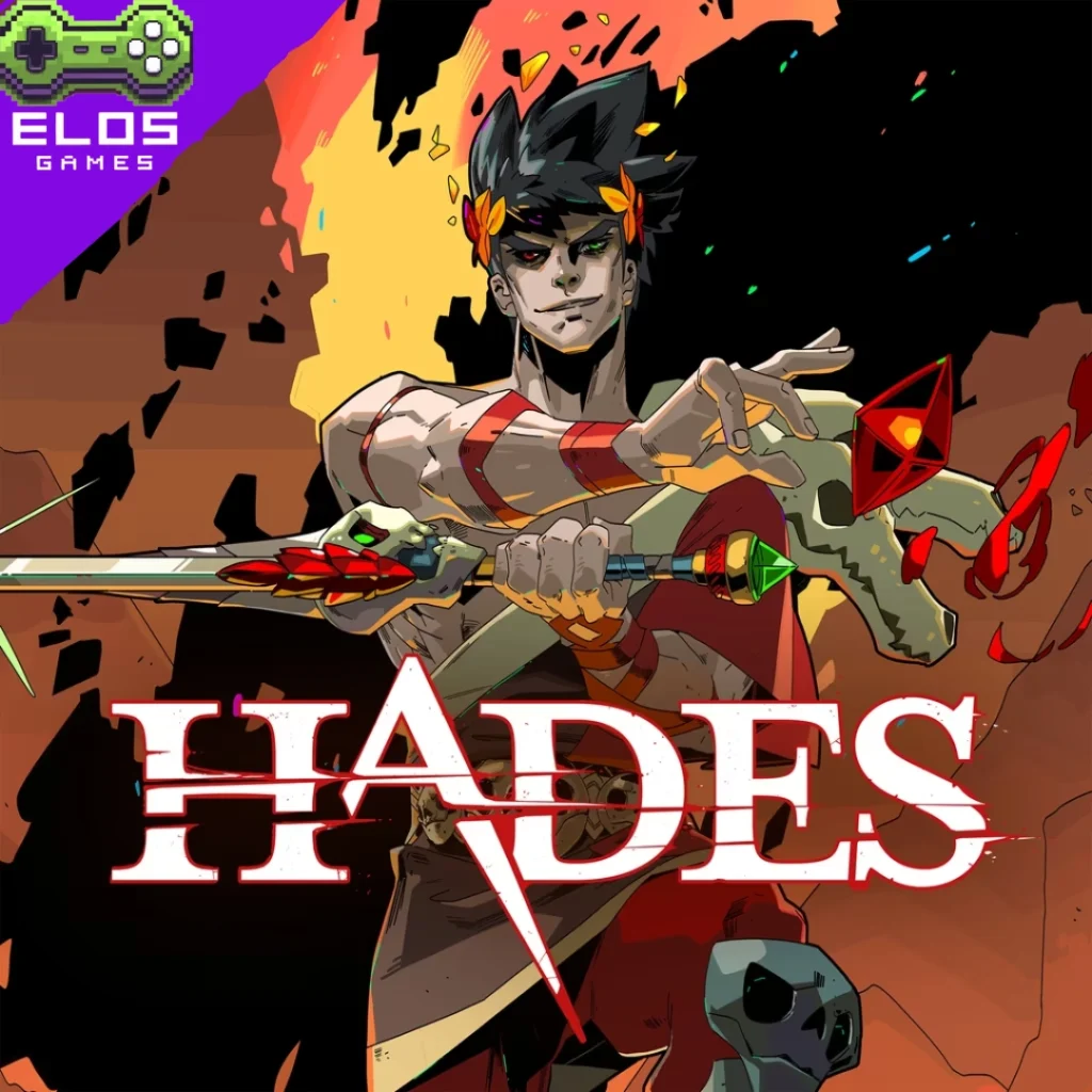 Personagem de Hades segurando espada com fundo em chamas