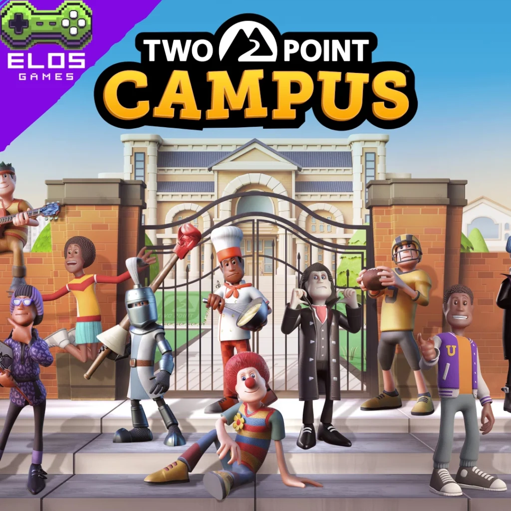 Personagens variados em frente à universidade Two Point Campus