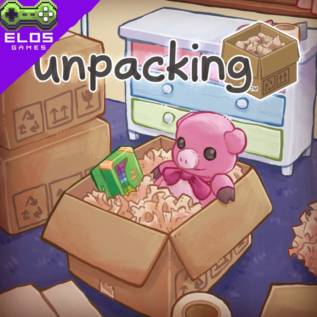 Ilustração do jogo Unpacking com caixas e porquinho