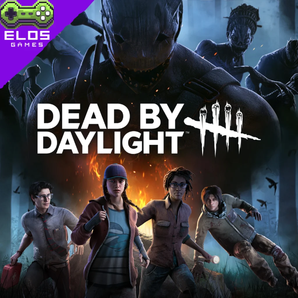Arte de Dead by Daylight com sobreviventes e assassino
