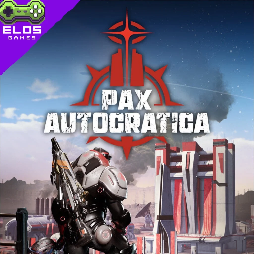 Soldado futurista observa base tecnológica com bandeiras vermelhas